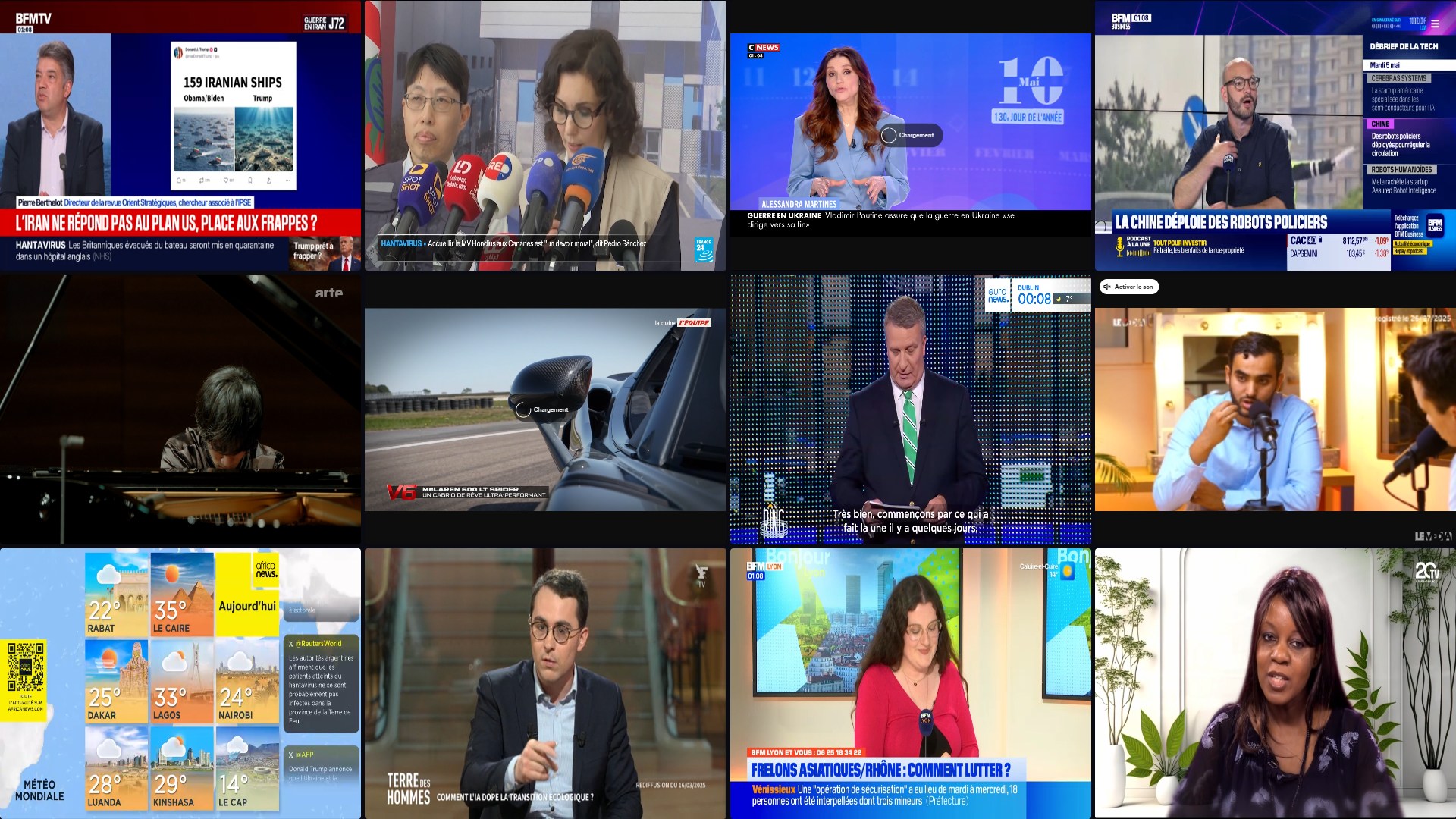 Mur d'images 4 par 3 de douze chaines TV